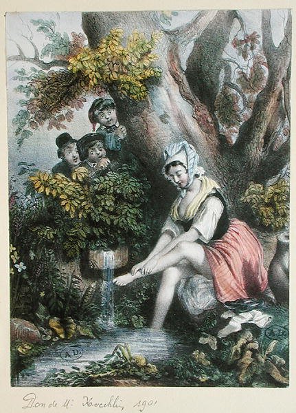 Barn spionerar på en ung flicka som tvättar sina fötter i en bäck. c. 1840 (färglitografi) av French School