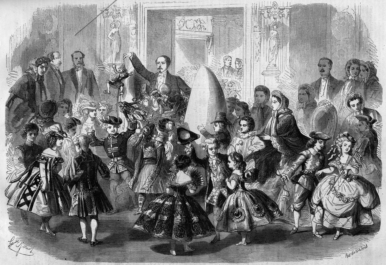 Barnbal ger för att hedra Eugene Louis Napoleon (1856 - 1879), son till Napoleon III. Paris, 3 april 1861. Prince Imperial (i mitten) är besviken som Pierrot. Gravyr i "" Le Monde Illustré"" nr 210 av 20 april 1861. av French School