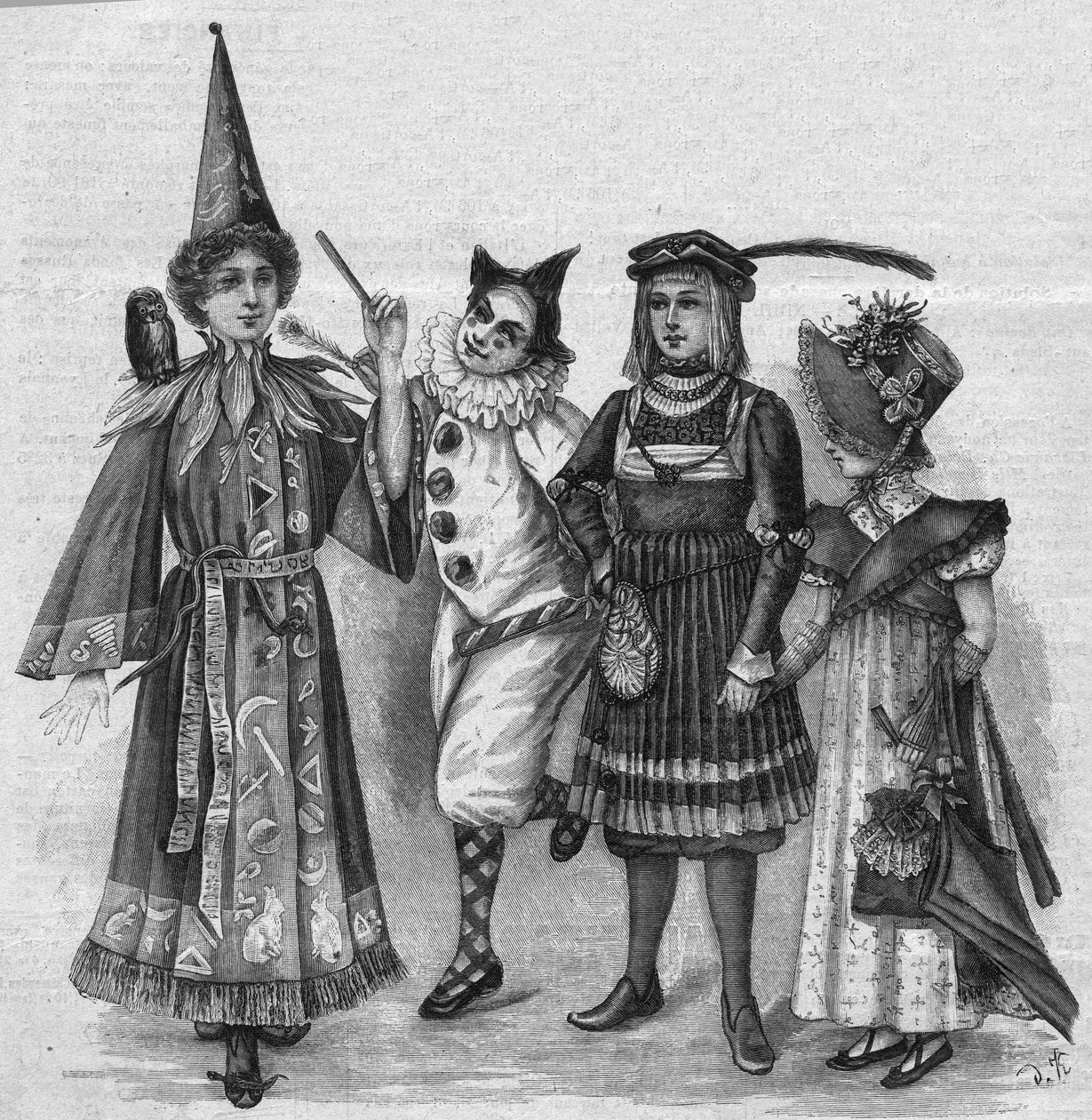 Barnkläder: häxdräkt, clown, page och "Empire". Gravyr i "La gazette du dimanche"" av den 23 januari 1896. av French School