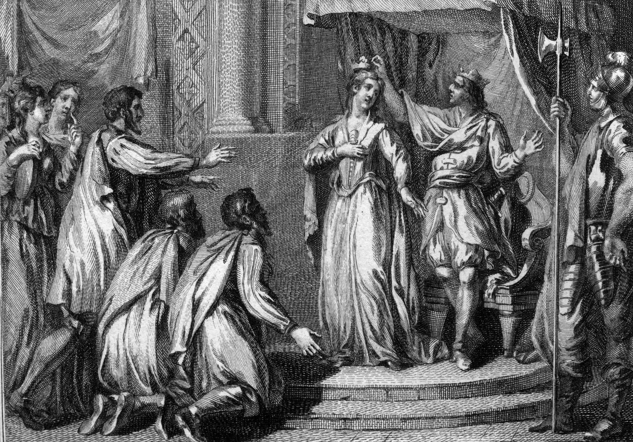 Chilperik I (ca 539-584), kung av Neustrien, krönte sin hustru Fredegonde (545-597), rikets drottning, år 568. Gravyr från 1700-talet. av French School