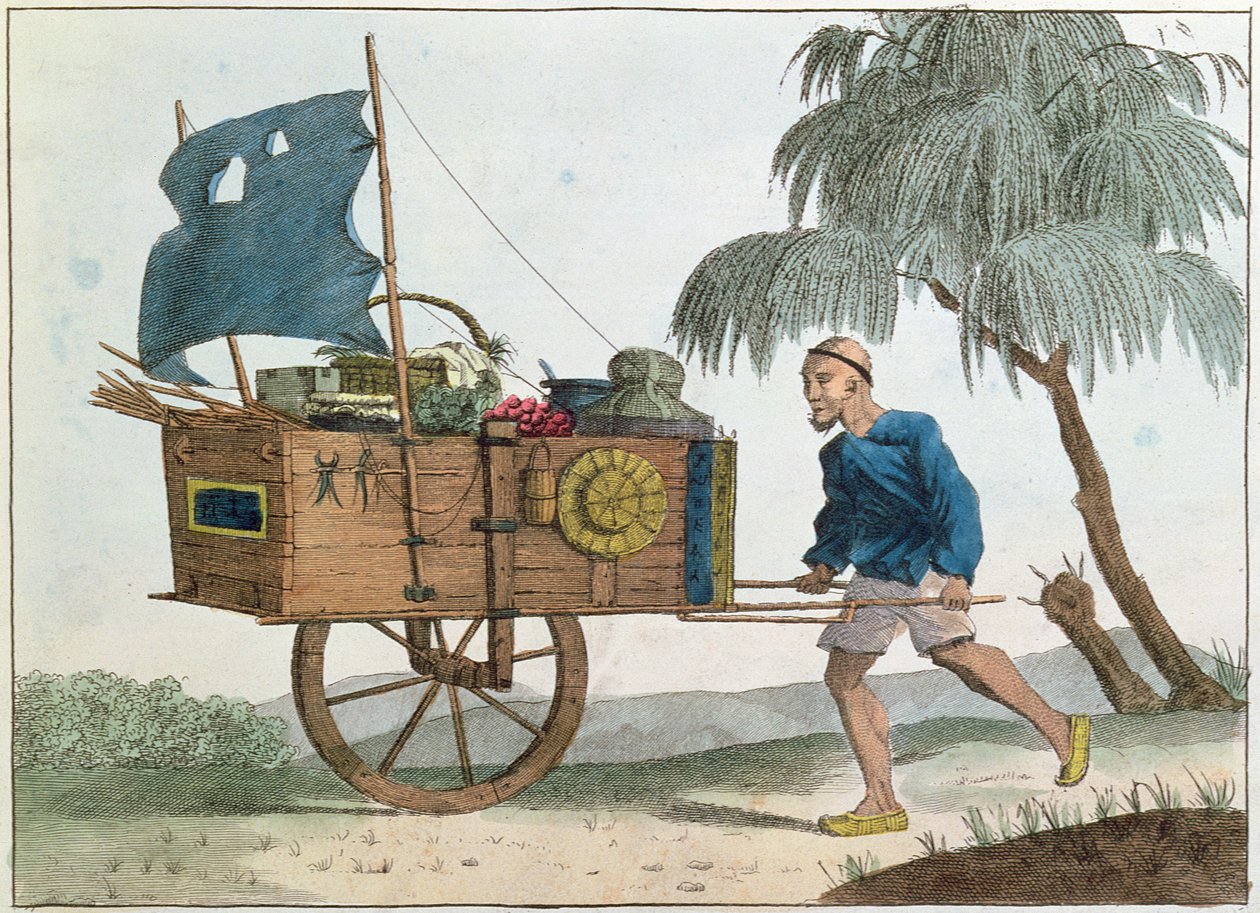 Kinesisk bonde med en skottkärra under segel, 1811 av French School