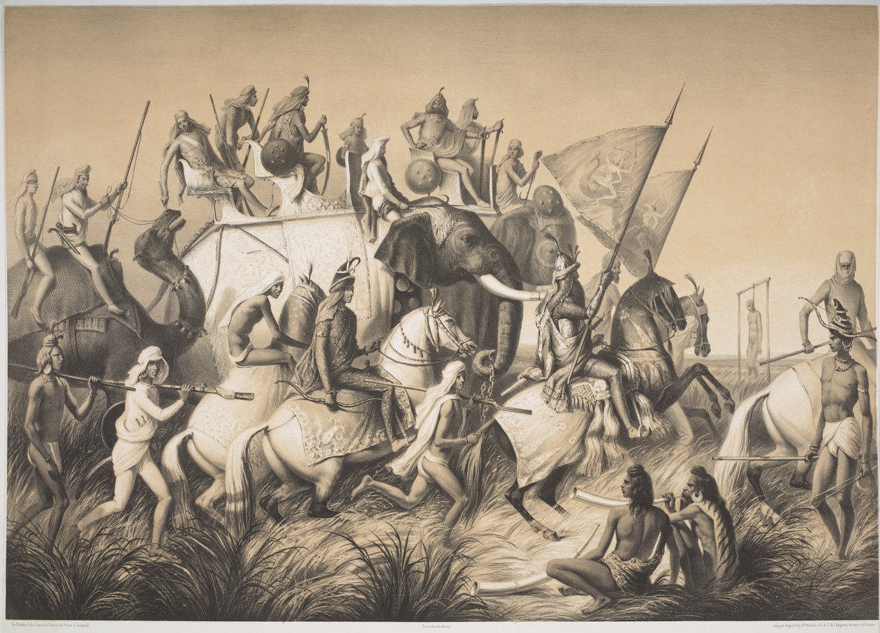 Chir Singh, sikhernas Maharaja med kungen av Punjab och hans följe från "Voyage in India", ca 1850 (litho) av French School