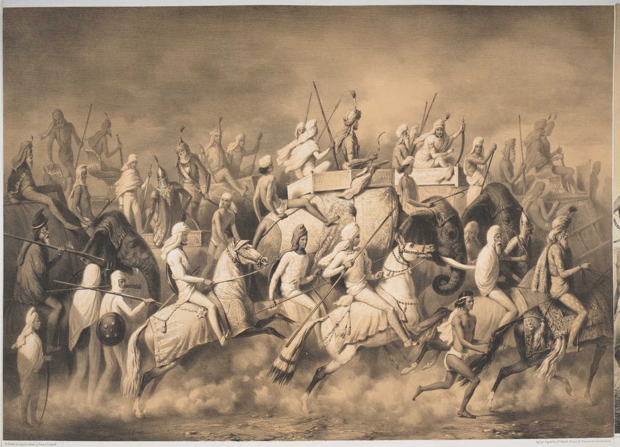 Chir Singh, Maharajah av sikherna och kung av Punjab med sitt följe på jakt nära Lahore, från "Voyages in India", ca 1850 (litho) av French School