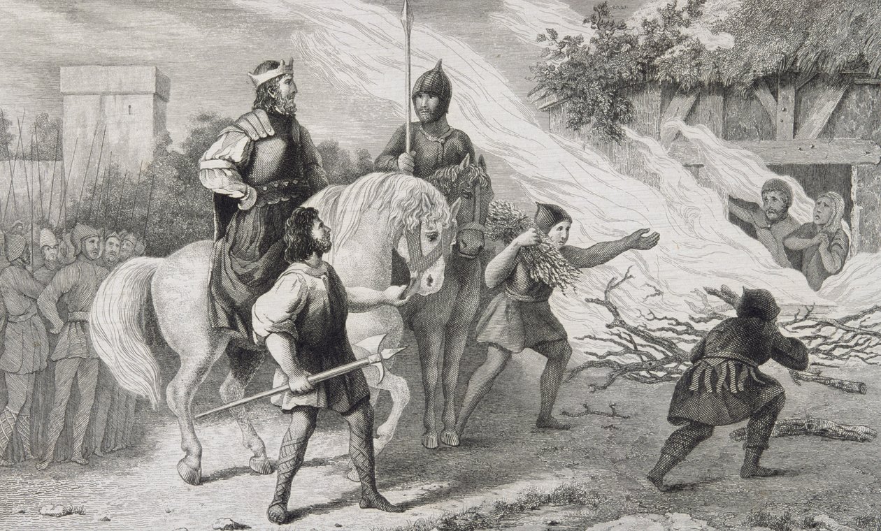 Chlotaire I (497-561) bränner sin upproriska son och familj, ur "Histoire de France" av Colart, publicerad omkring 1840. av French School
