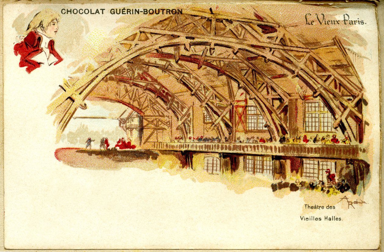 Chokladkromolitografi Guerin Boutrons choklad, DET GAMLA PARIS, Théâtre des Vieilles halles av French School