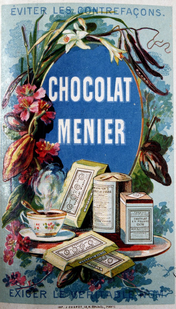 Choklad annons "" Menier"" med omnämnandet "" Undvik kontrafacons""" av French School