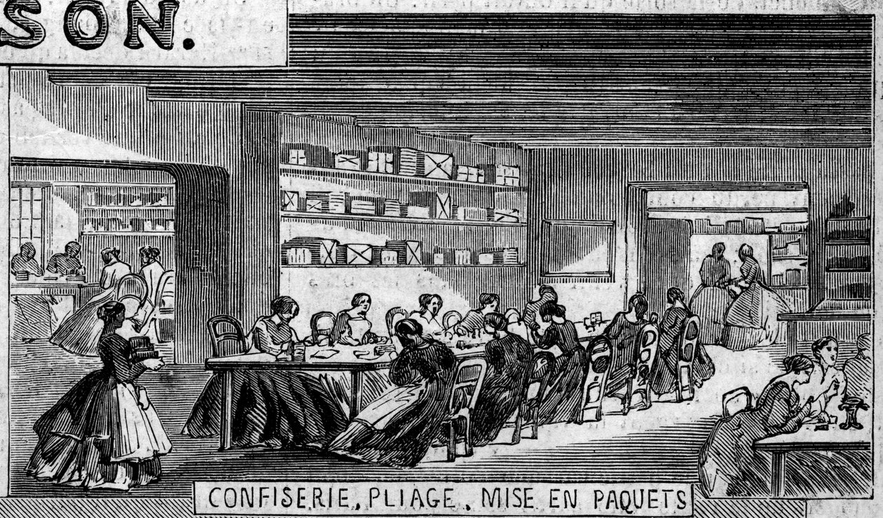 Chokladtillverkning: konfektyr av chokladgodis, vikverkstad och förpackning. Usine de M. Masson, Paris av French School