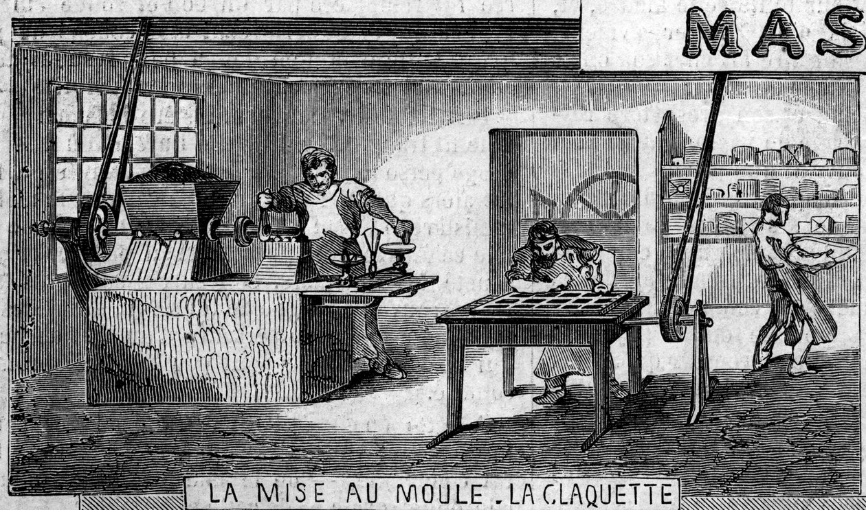 Chokladtillverkning: vägning och gjutning, kran. Usine de M. Masson, Paris av French School