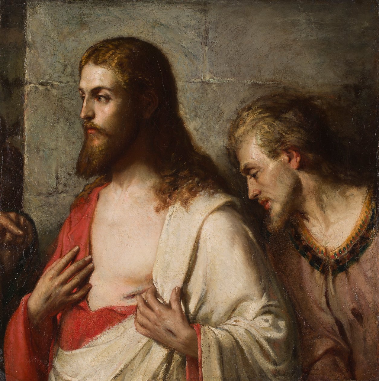 Kristus och St Thomas (Fragment) (olja på duk) av French School