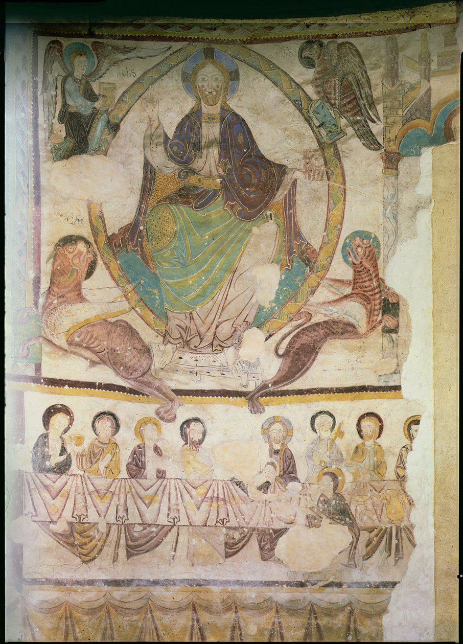 Kristus i majestät med fyra evangeliska symboler och den sista måltiden, c.1200 av French School