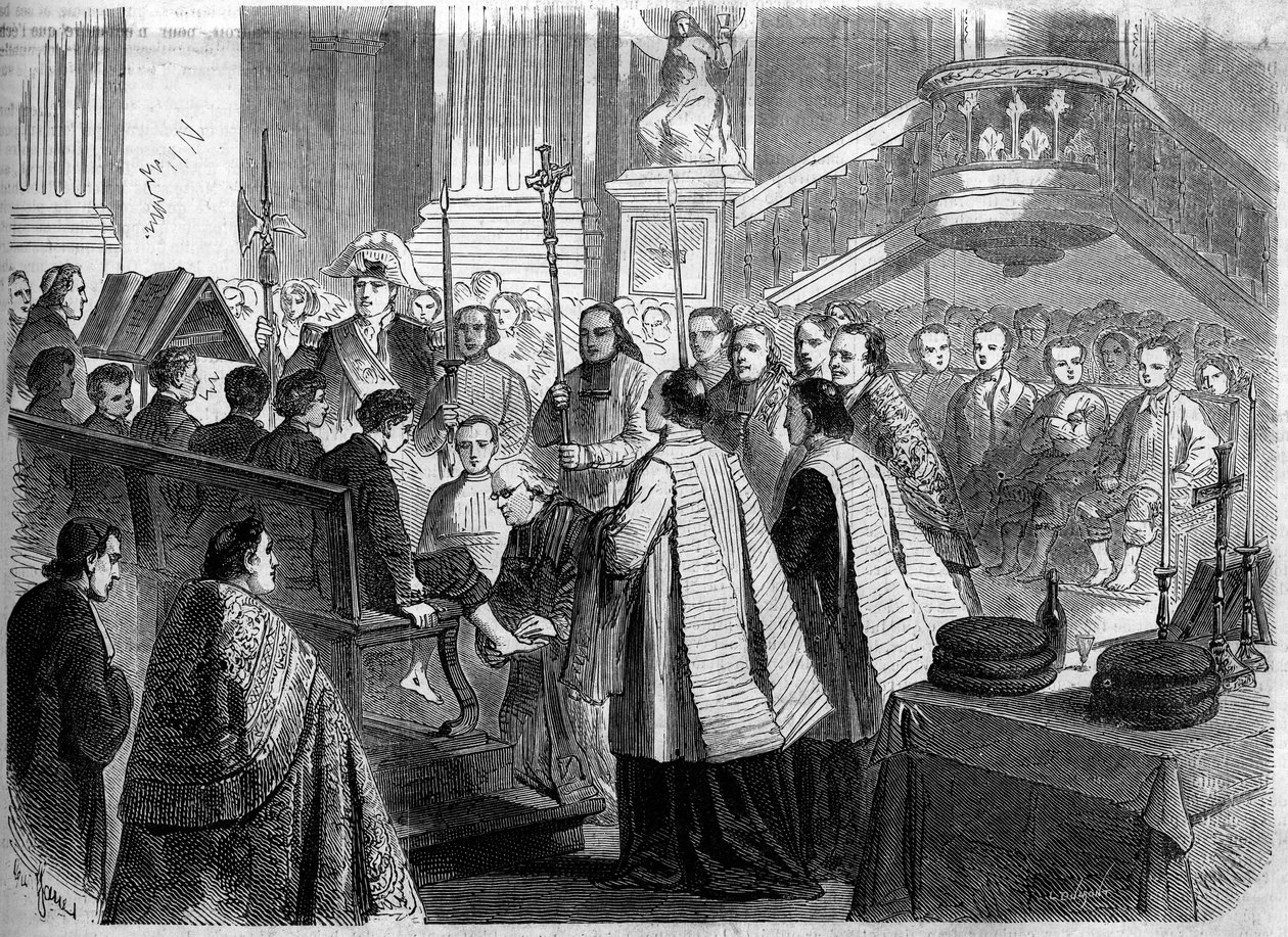 Kristen rit - Stilla torsdag - 1860: fottvätt i kyrkan Saint Sulpice i Paris. Gravyr i "" Le Monde Illustré"" nr 156 av den 7 april 1860. av French School