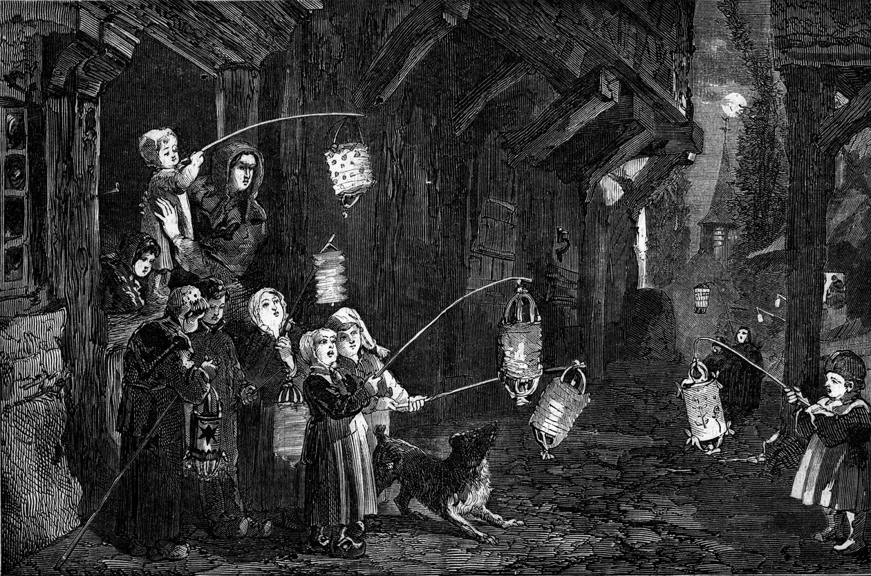 Kristen sed - Epiphany - 1860: barn i en by i Normandie med lyktor som går genom gatorna. Gravyr i "" Le Monde Illustré"" nr 143 av den 7 januari 1860. av French School