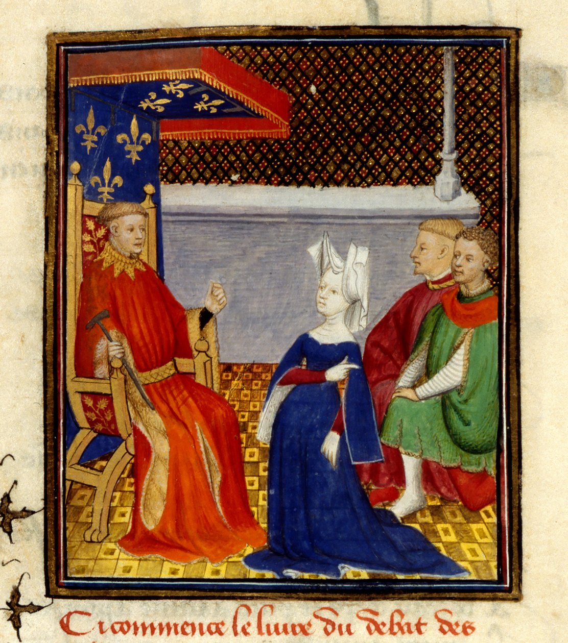 Christine tilltalar Louis d’Orléans, MS Harley 4431, f.58v, Frankrike, c.1410-14 (färg på pergament) av French School