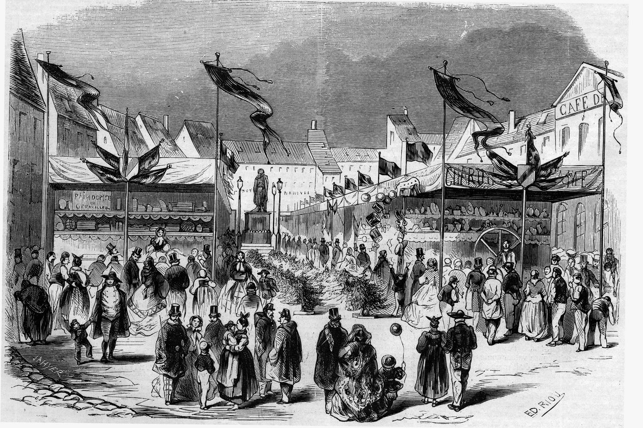 Julfest i Alsace: Julmässan (den lille Jesus) i Strasbourg 1857. Gravyr i "" Le Monde Illustré"" nr 38 den 2 januari av French School