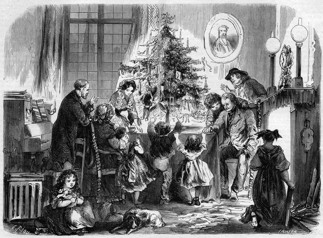 Julfest i Alsace: en familj återförenad runt granen. Gravyr i "" Le Monde Illustré"" nr 38 den 2 januari av French School