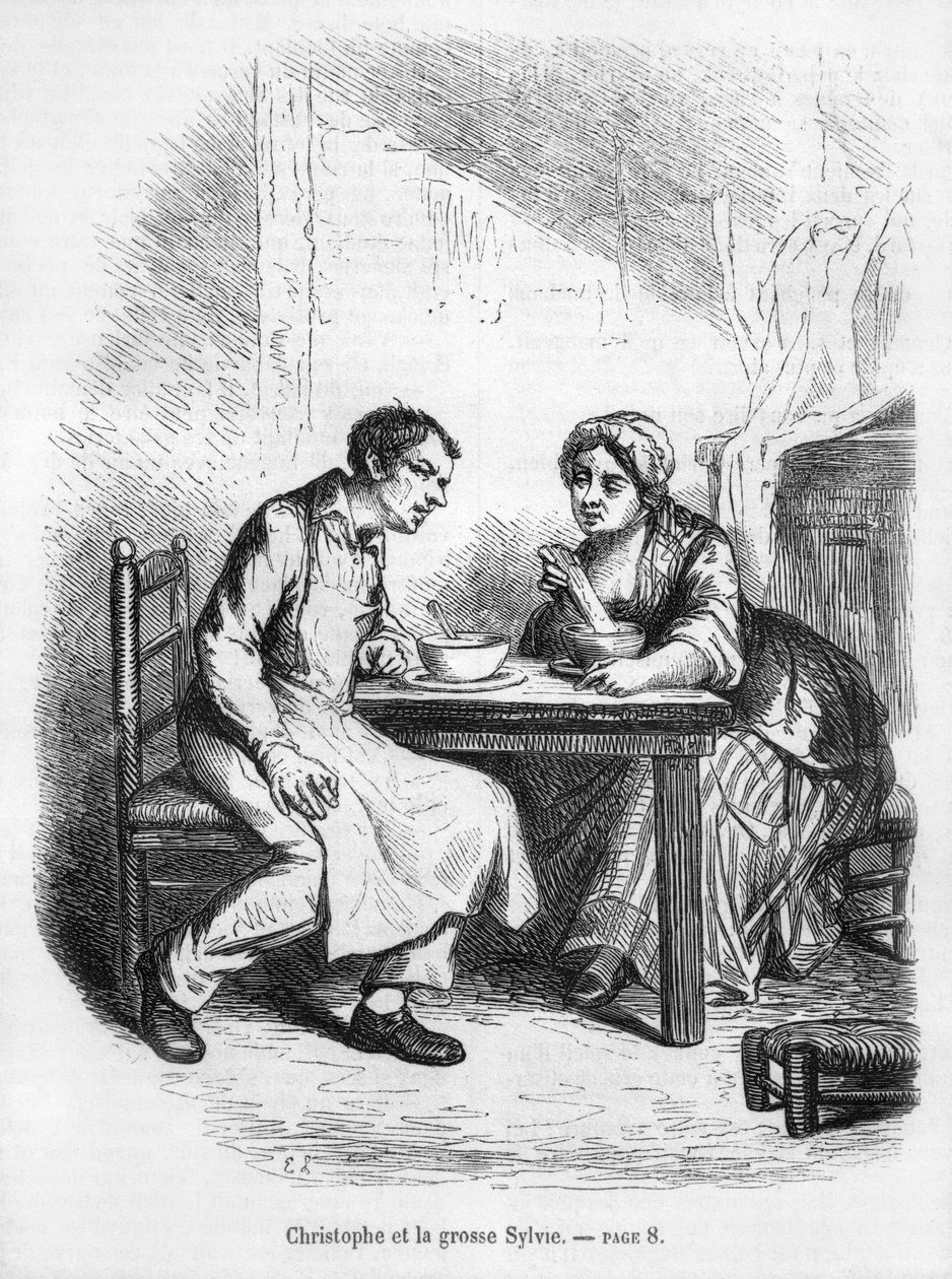 Christophe and the Fat Sylvie, illustration från "Le Pere Goriot" av Honore de Balzac (1799-1850) av French School