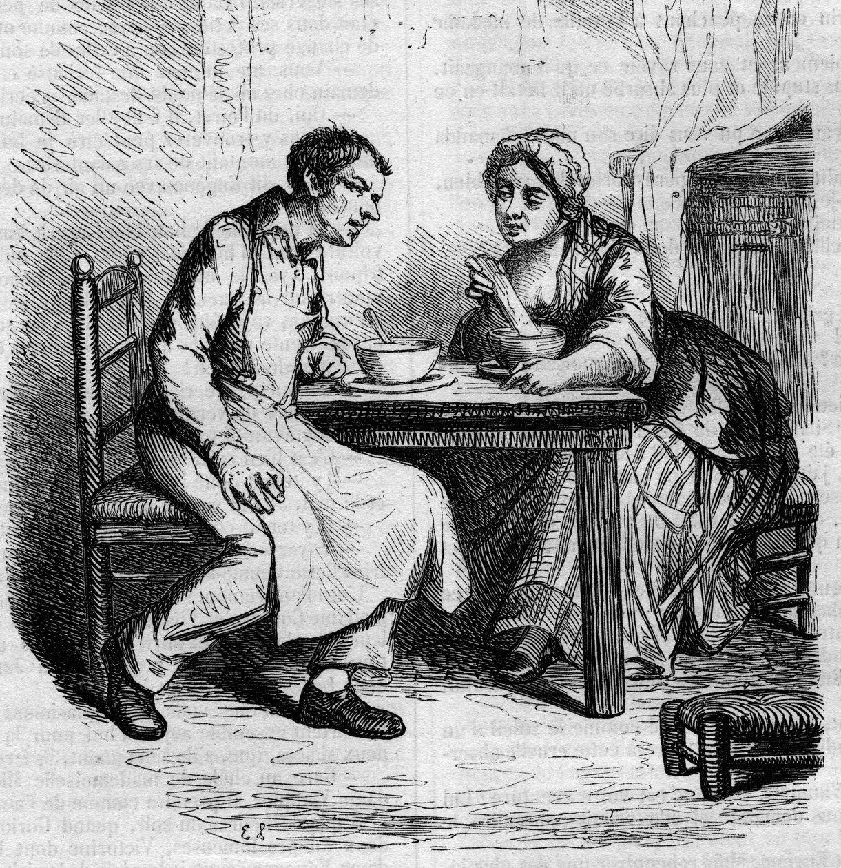 Christophe och den feta Sylvie: tjänare som äter frukost. Gravyr i mitten av 1800-talet. Illustration till "The Father Goriot" av Honore de Balzac (1799-1850). av French School