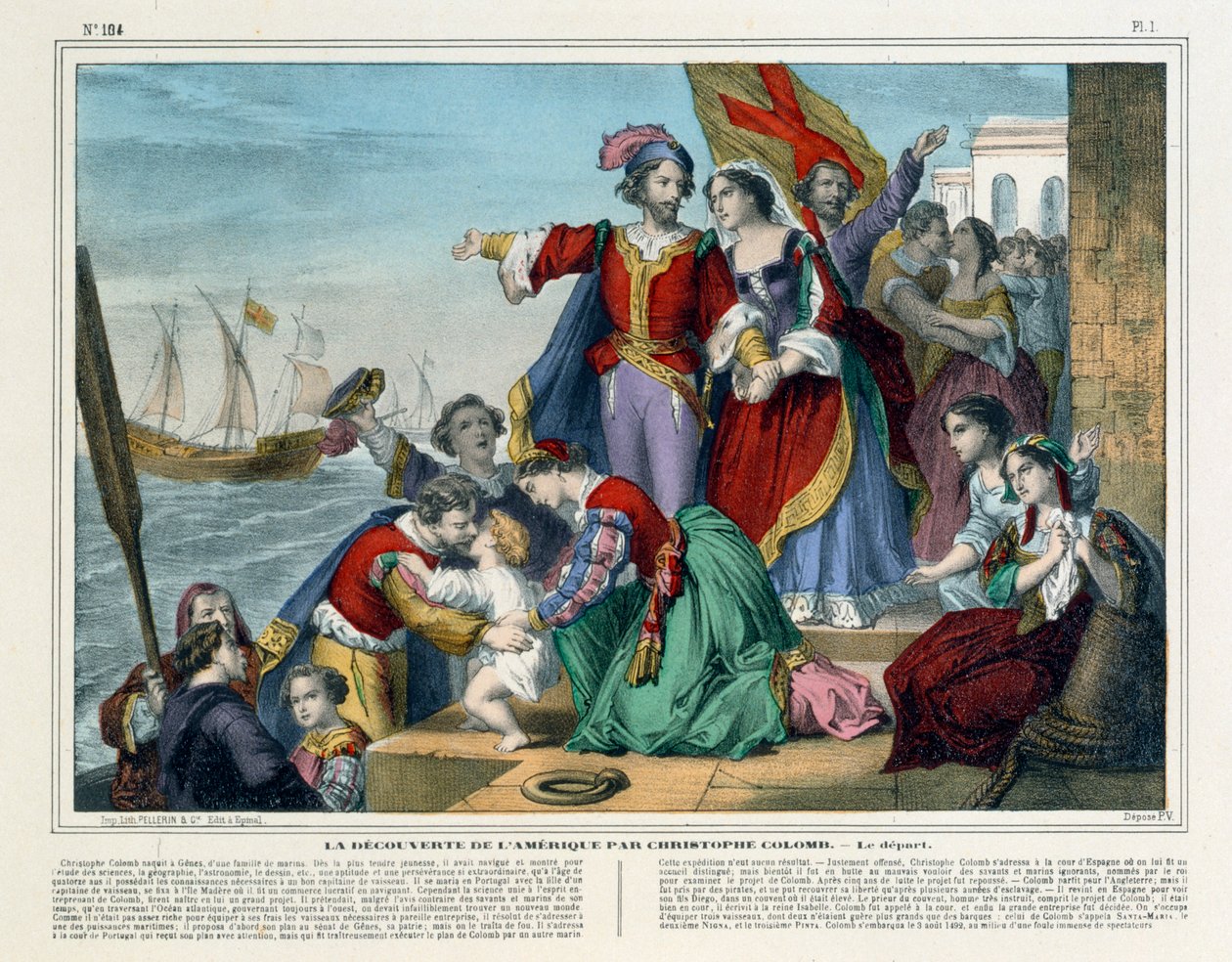 Christopher Columbus avgår till den nya världen, Imagerie Pellerin, Epincal, ca 1860 av French School