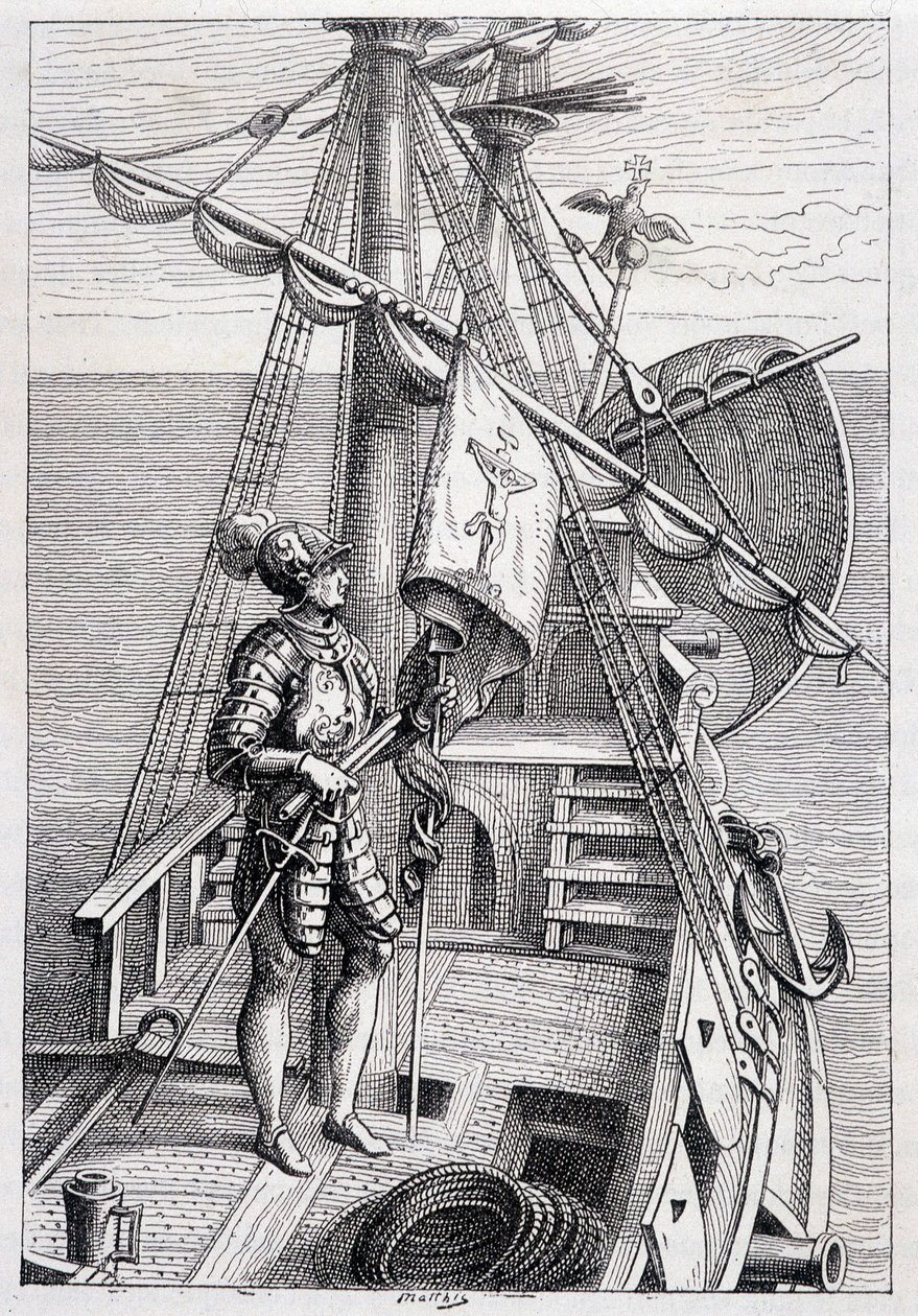 Christopher Columbus på sin trailer, sjuk. "" Discovery de la Terre"" av Jules Verne, red. Hetzel, n.d. 19:e. av French School