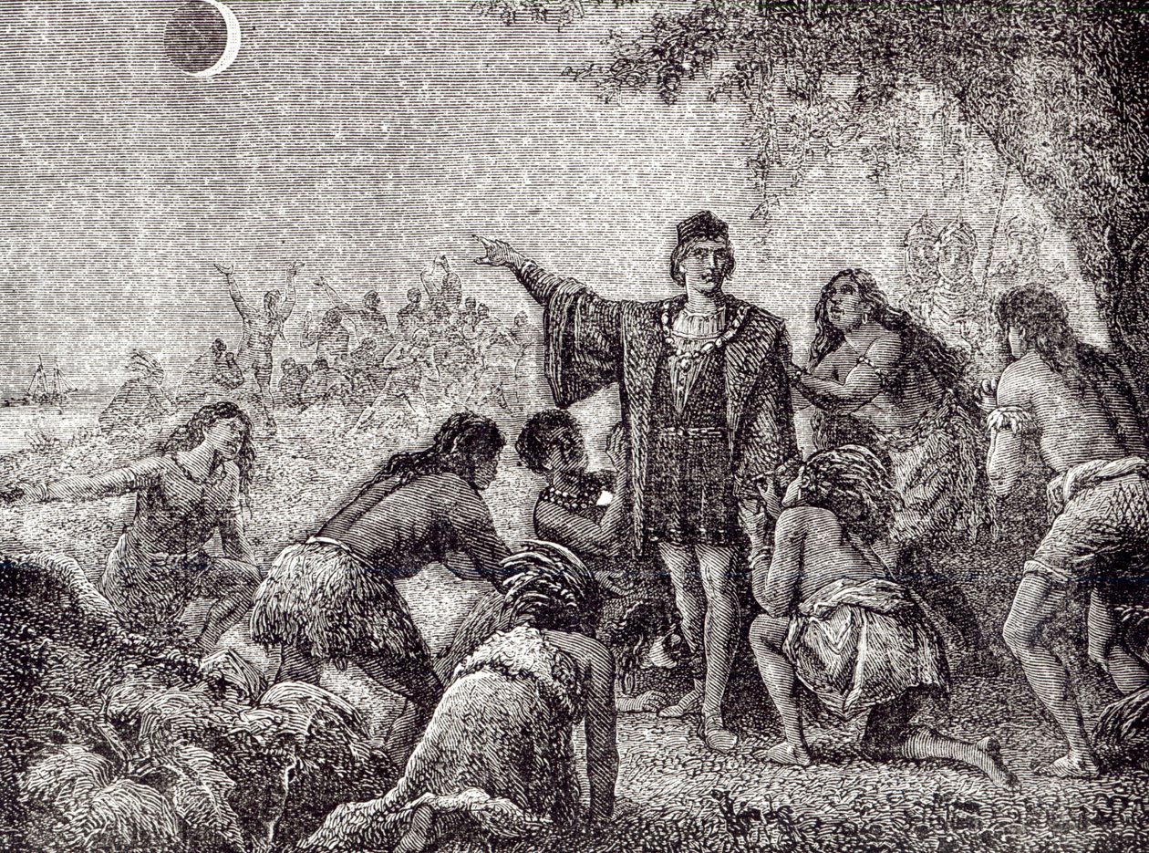 Christopher Columbus förutsäger månförmörkelsen för Jamaicas invånare 1504 av French School