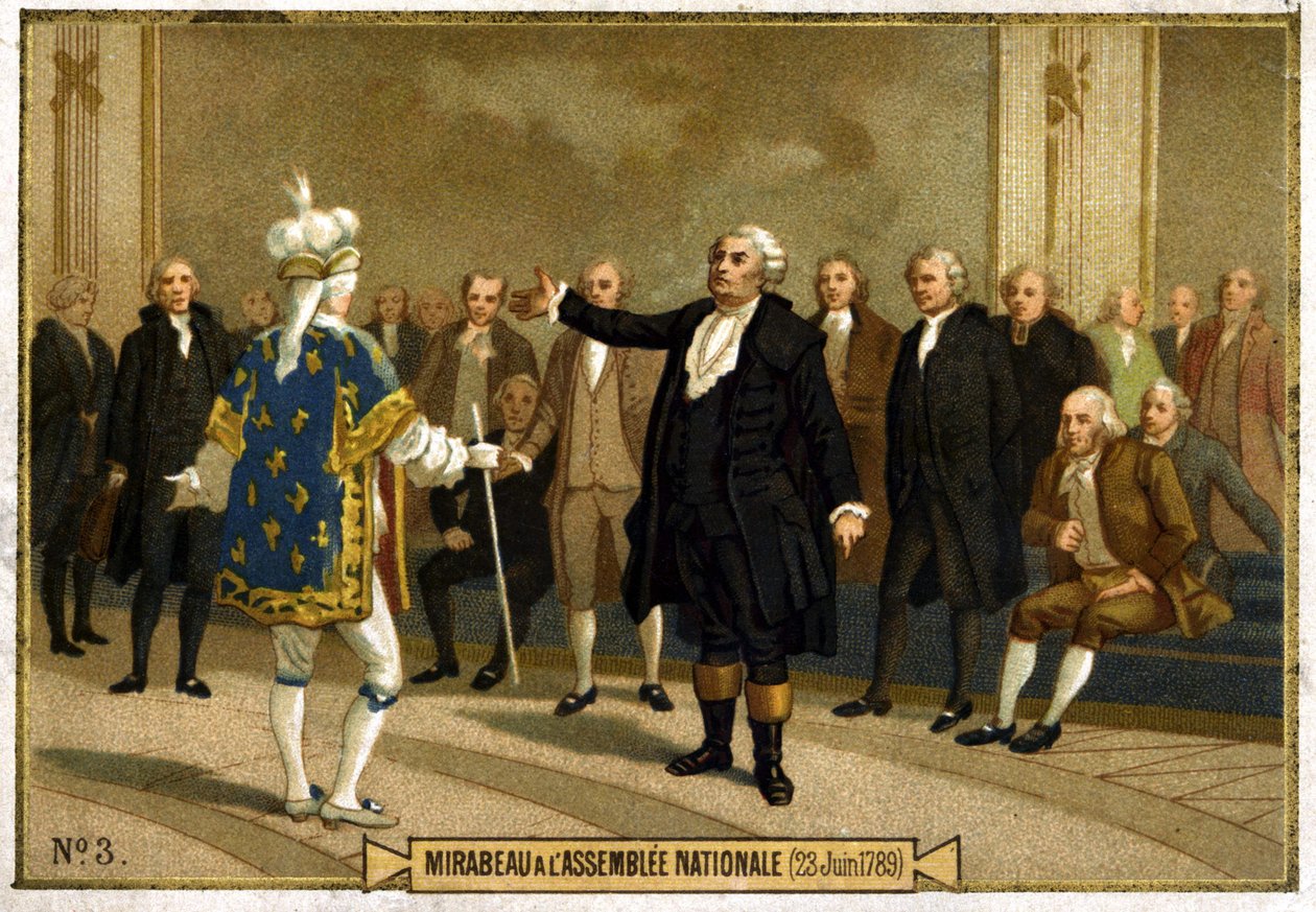 Kromolitografi som representerar Honore Gabriel (Honore-Gabriel) Riqueti, greve av Mirabeau (1749-1791) i nationalförsamlingen den 23 juni av French School