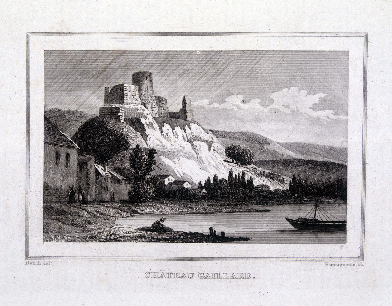 Château Gaillard sett från Seine - Gravyr av French School