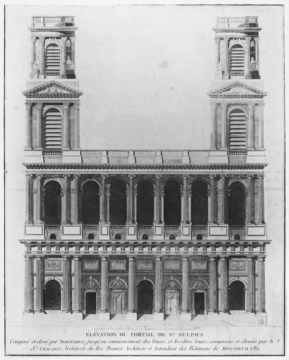 Kyrkan Saint-Sulpice, fasadförhöjning, Paris, 1782 av French School