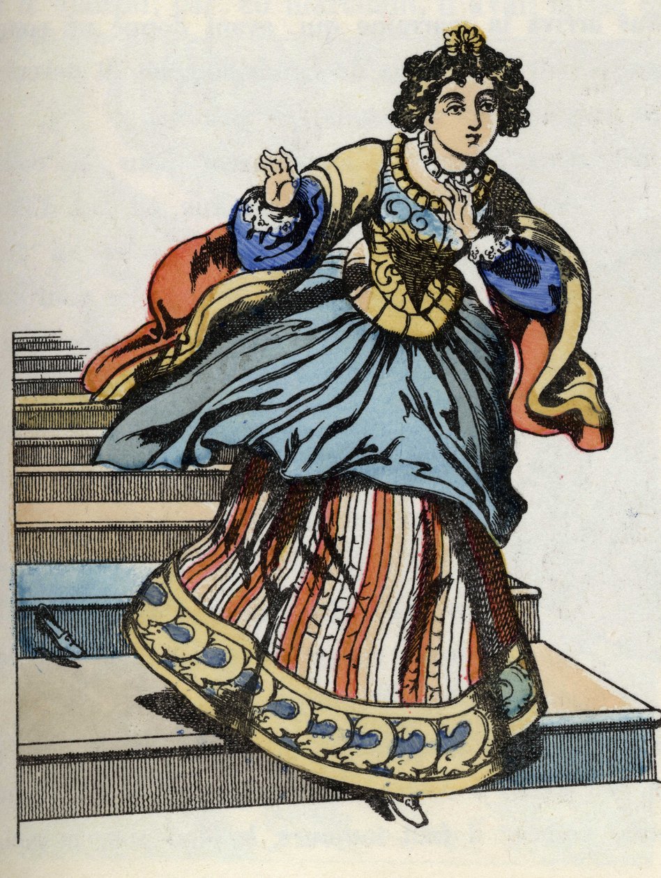 Askungen flyr från bollen, dyker upp hennes glassko. Illustration av Charles Perraults berättelse "Askungen eller La petite slipper de verre" av French School