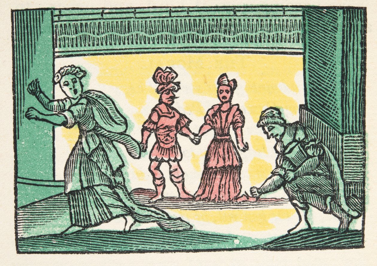 Askungen eller den lilla glastoffeln, från Historier eller berättelser om förflutna tider berättade av Mother Goose, With Morals, av M Perrault, pub. 1925 (handfärgat träblockstryck) av French School