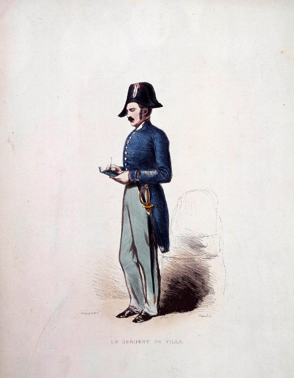 Stadssergeantuniform för medlem av polisstyrkorna under monarkin i juli (1830-1848) 1800-talet av French School