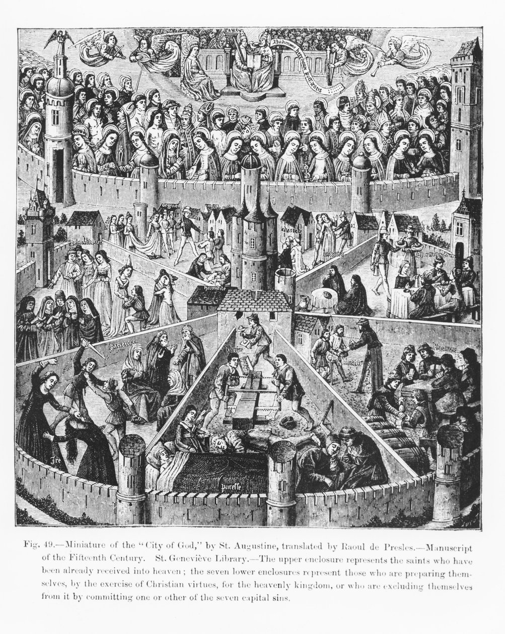 Guds stad enligt St. Augustinus, från ett manuskript översatt av Raoul de Presles, illustration från vetenskap och litteratur från medeltiden och renässansen, skriven och graverad av Paul av French School