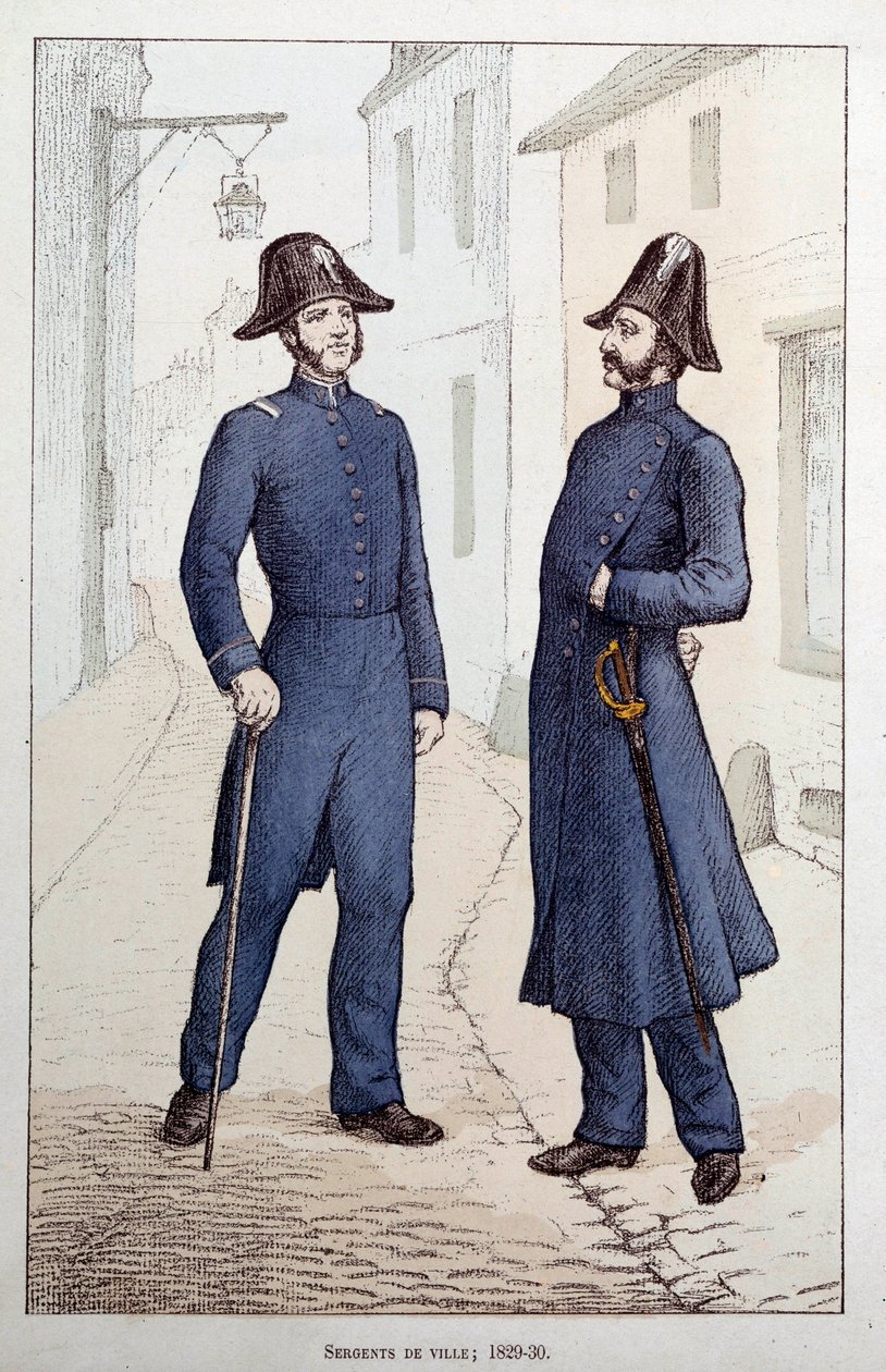 Stadssergeanter. Två poliser pratar. Litografi omkring 1829-1830 Prefecture de Police, Paris av French School
