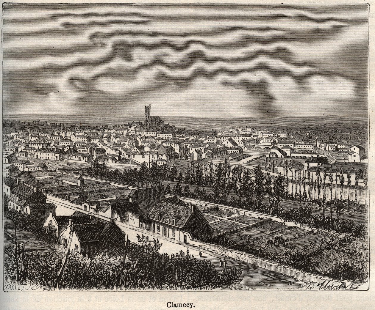 Clamecy - Nievre - Bourgogne - gravyr i "La France illustree: geografi, historia, statistisk administration" av V.A. Malt-brunt. 1884 av French School