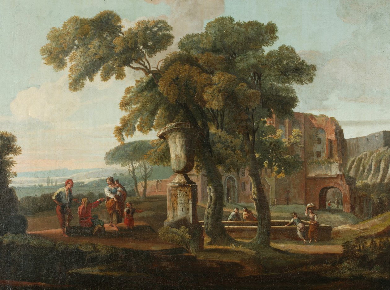 Klassiskt landskap med urna, ca 1700 (olja på duk) av French School