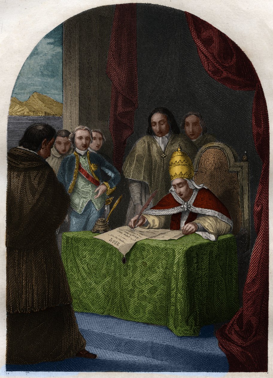 Clement XIV (Clemente eller Clemens) (1705-1774) avskaffar Jesuites Society den 21 juli 1773. Gravyr från 1842 i "Histoire des popes: crimes, mord, poisonings, parricides, adulteres, incest... by Maurice Lachatre. Privat samling. av French School