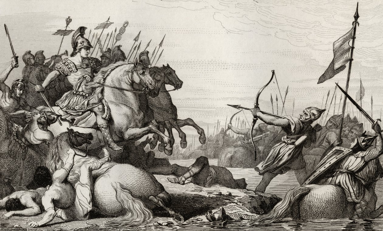 Clodion, The Hairy (c.428-47) reträtter över bron efter hans nederlag av Aetius, från 