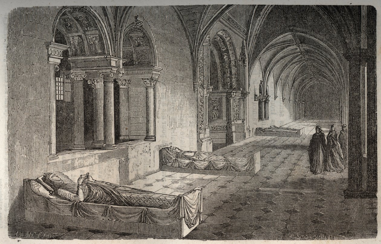 Cloister of Fontevrault med statyer av Henri II - Eleonore de Guyenne - gravyr i "Histoire de France" av Victor Duruy (1811-1894) - 1882 av French School