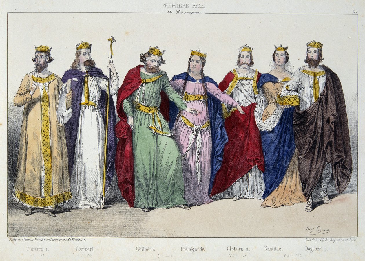 Clotaire (Clothaire) I, Caribert, Chilperic, Fredegonde, Clotaire II, Nantilde, Dagobert I - i "La monarchy francaise en estampes" ” av French School
