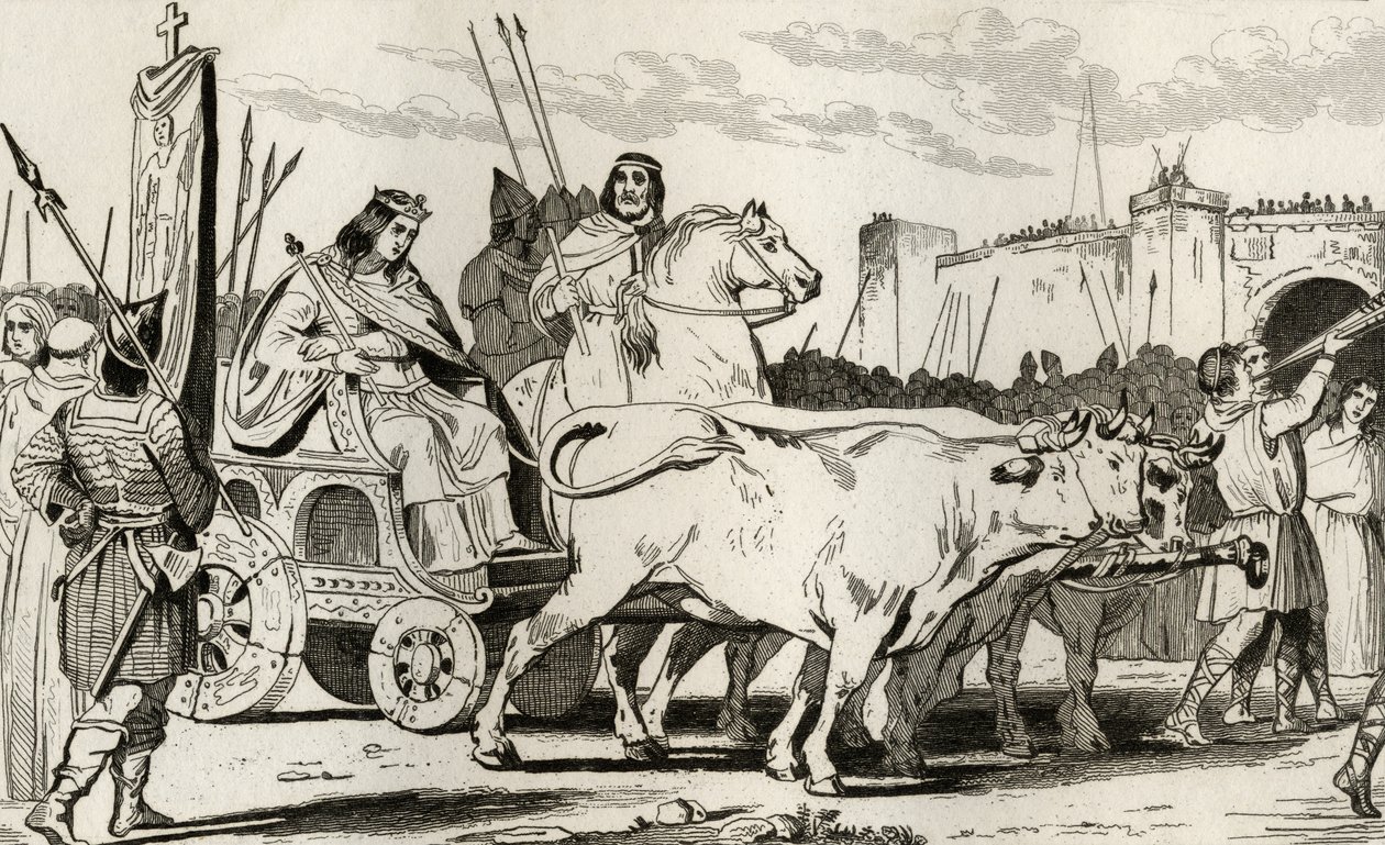 Clovis III (682-95) i en vagn dragen av oxar, med Pepin II av Herstal (c.714) Riding Alongside Him, från 
