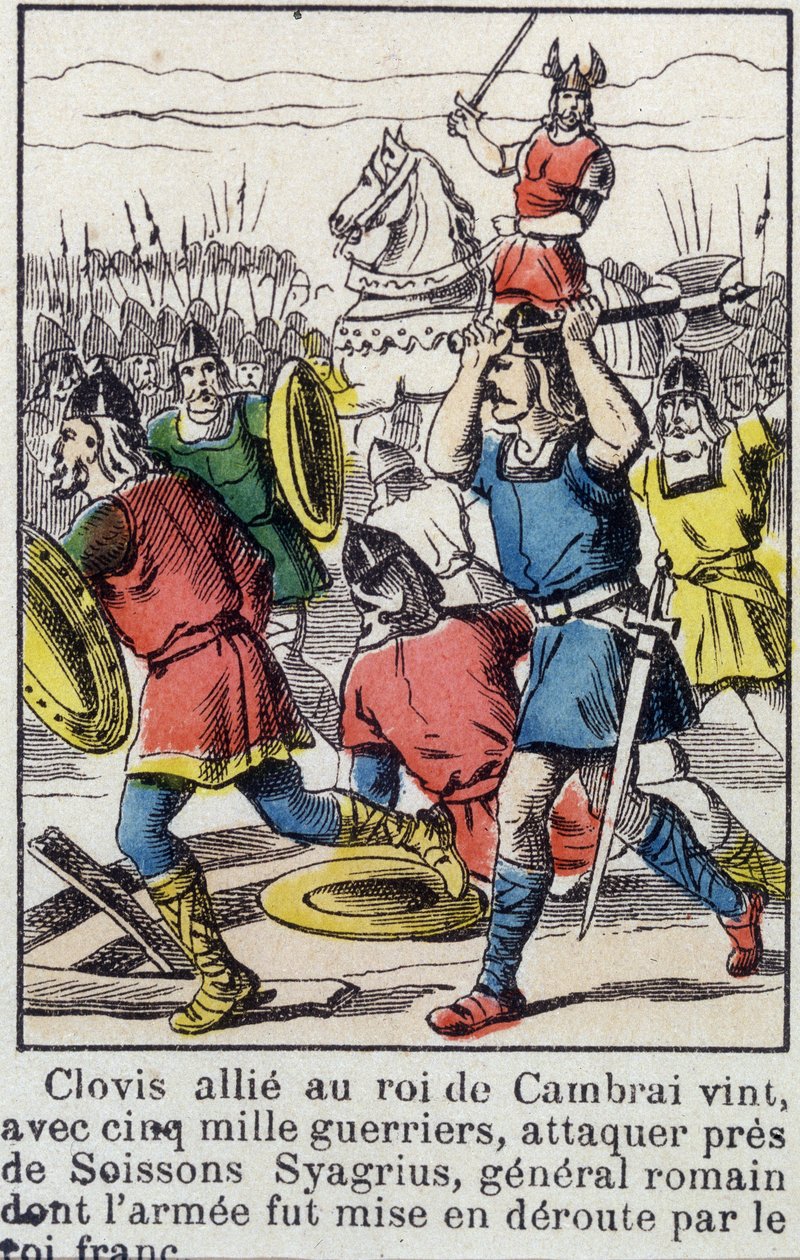 Clovis, allierad med kungen av Cambrai, kom, med 5000 krigare, för att anfalla nära Soissons Syagrius, den romerske generalen, vars armé besegrades av den frankiske kungen. av French School