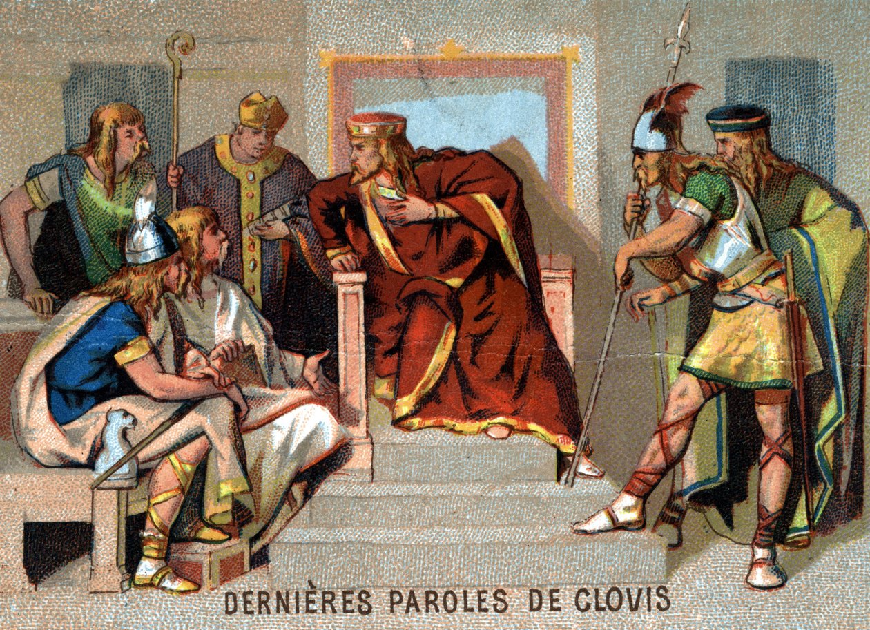 Clovis sista ord: "" Jag är olycklig! Jag förblir som en resenär bland främlingar och jag har inte längre föräldrar som kan stödja mig om motgångar kommer." Chromolithography of the Series "" Patriotic Education through Image"". av French School