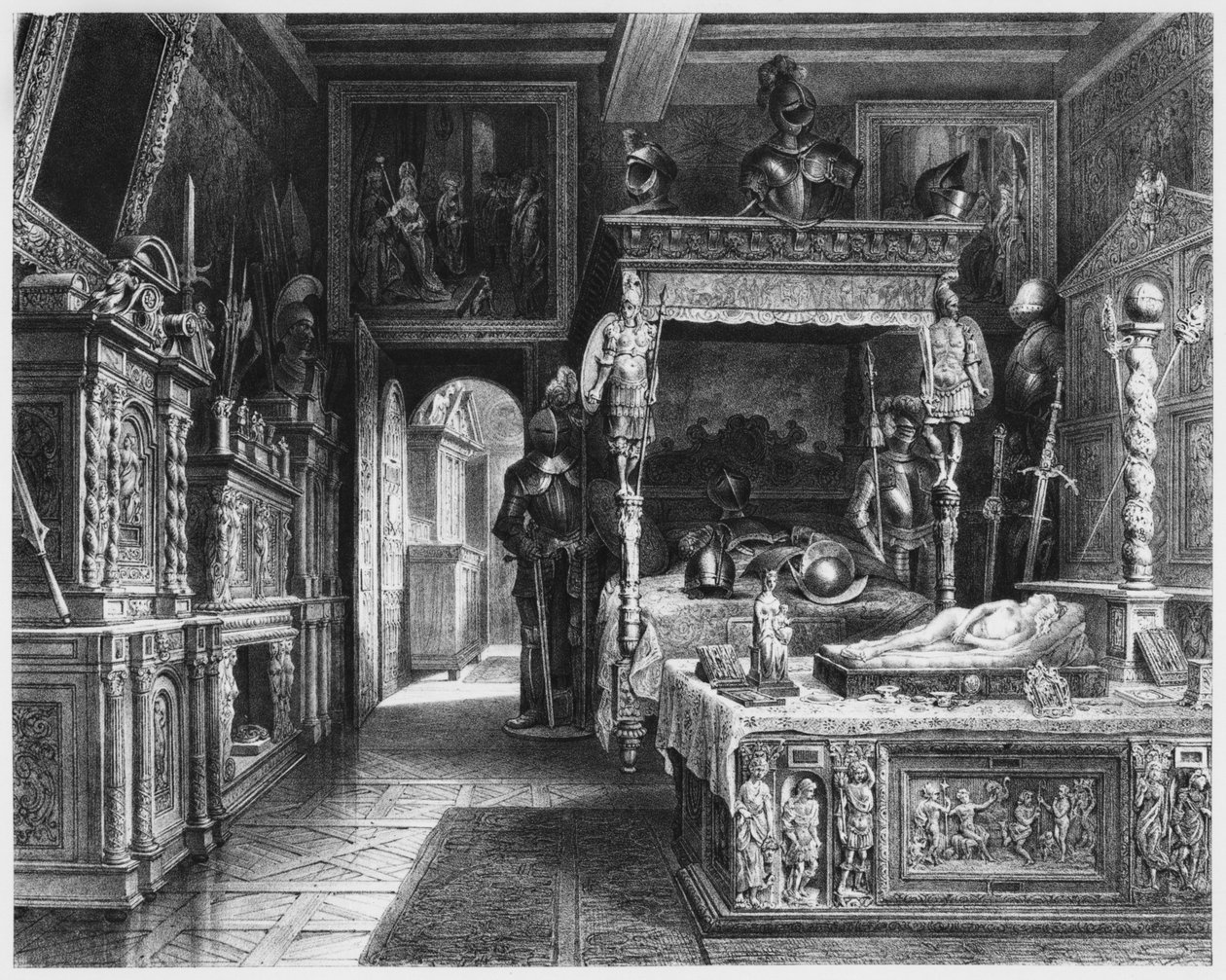 Cluny Hotel and Museum, Francois I:s rum, Paris, illustration från Atlas, Les Arts du Moyen Age... av Alexandre du Sommerard (1779-1842) 1840 av French School