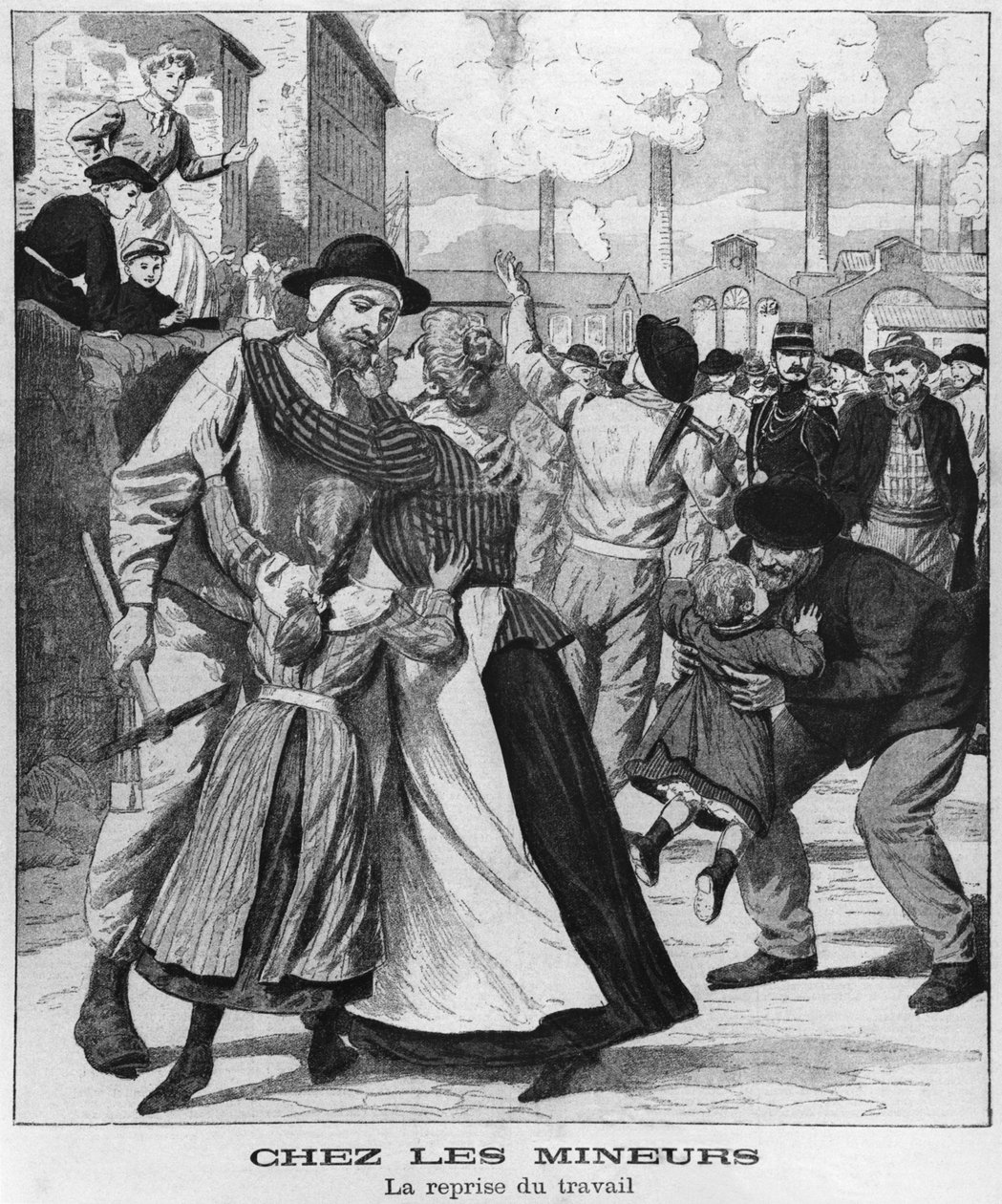 Kolgruvarbetare som går tillbaka till arbetet, illustration från Le Petit Journal, tidigt 1900-tal av French School