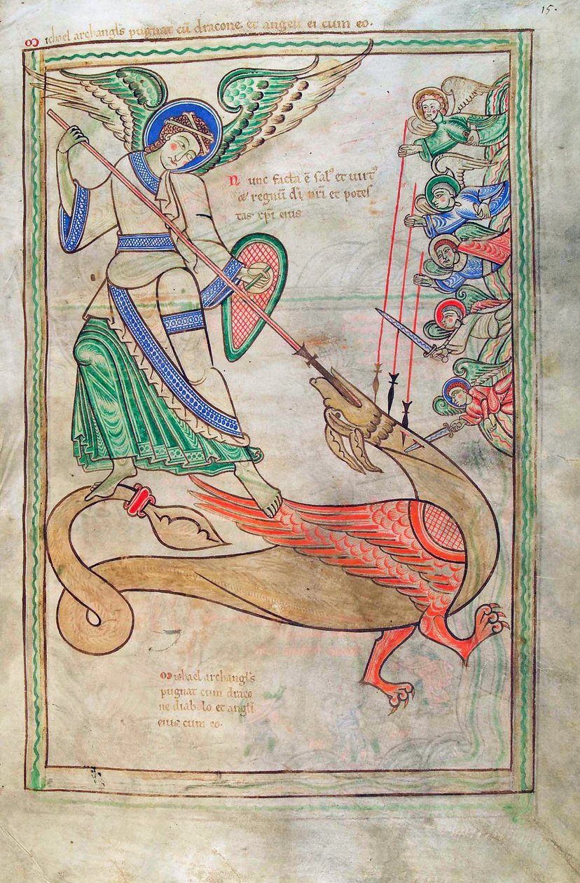 Torsk. Gulf. 1 Gud. lat. 15r, Saint Michael Fighting the Dragon, från Liber Floridus av Lambert de Saint-Omer c.1120 av French School