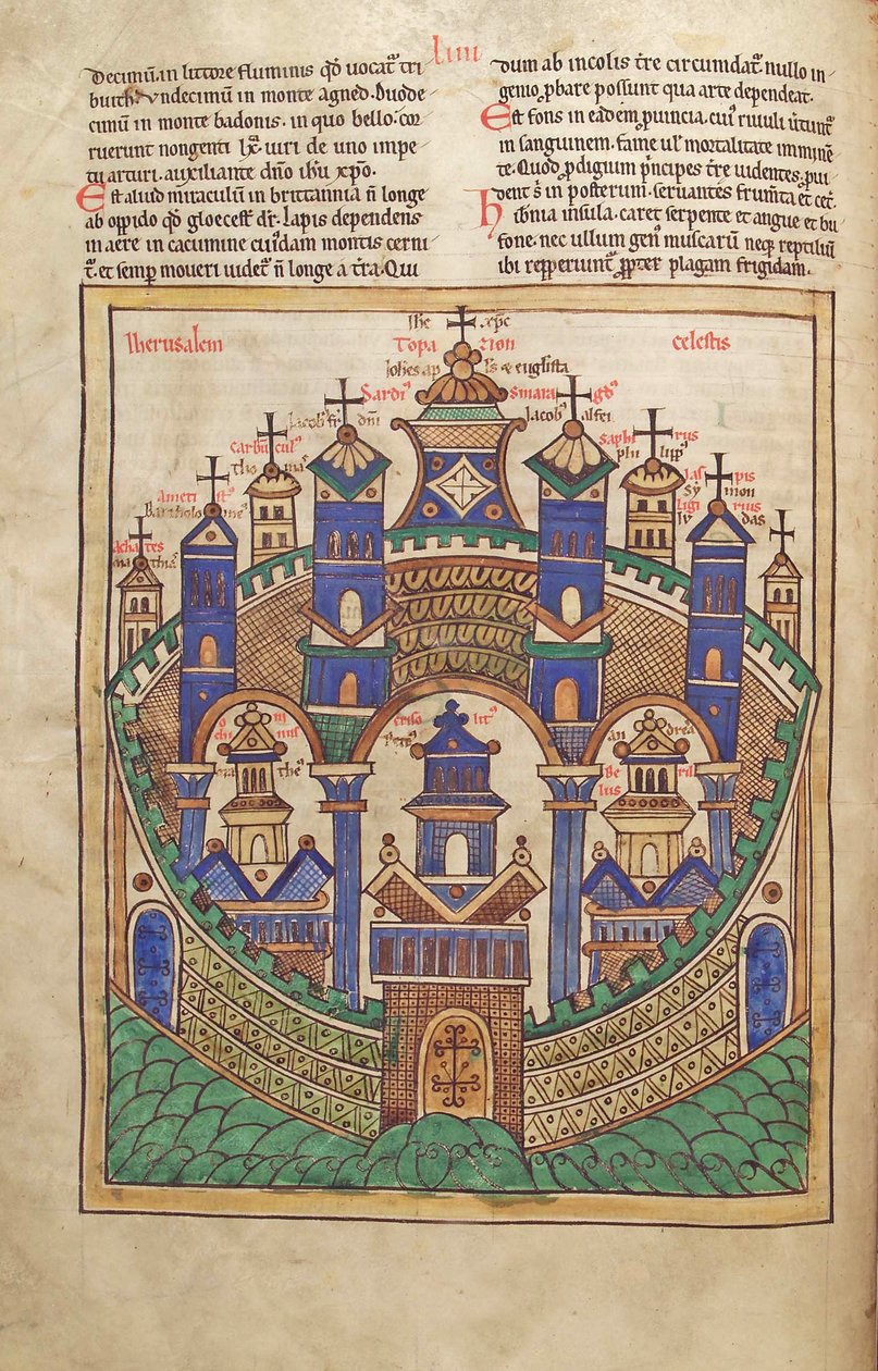 Torsk. Gulf. 1 Gud. lat. 43v, Plan över det himmelska Jerusalem, från Liber Floridus av Lambert de Saint-Omer c.1120 av French School
