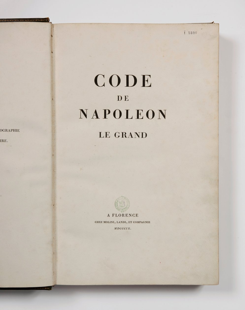 Koden för Napoleon den store, öppen på titelsidan, publicerad Florens, Molini, Landi et Cie, 1809 av French School