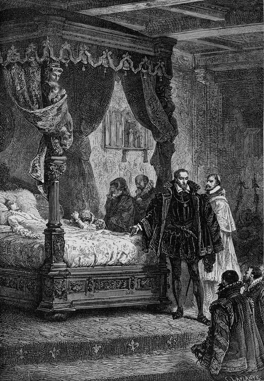 Coligny på Francois II:s dödsbädd - i "" History of France"" av Guizot av French School