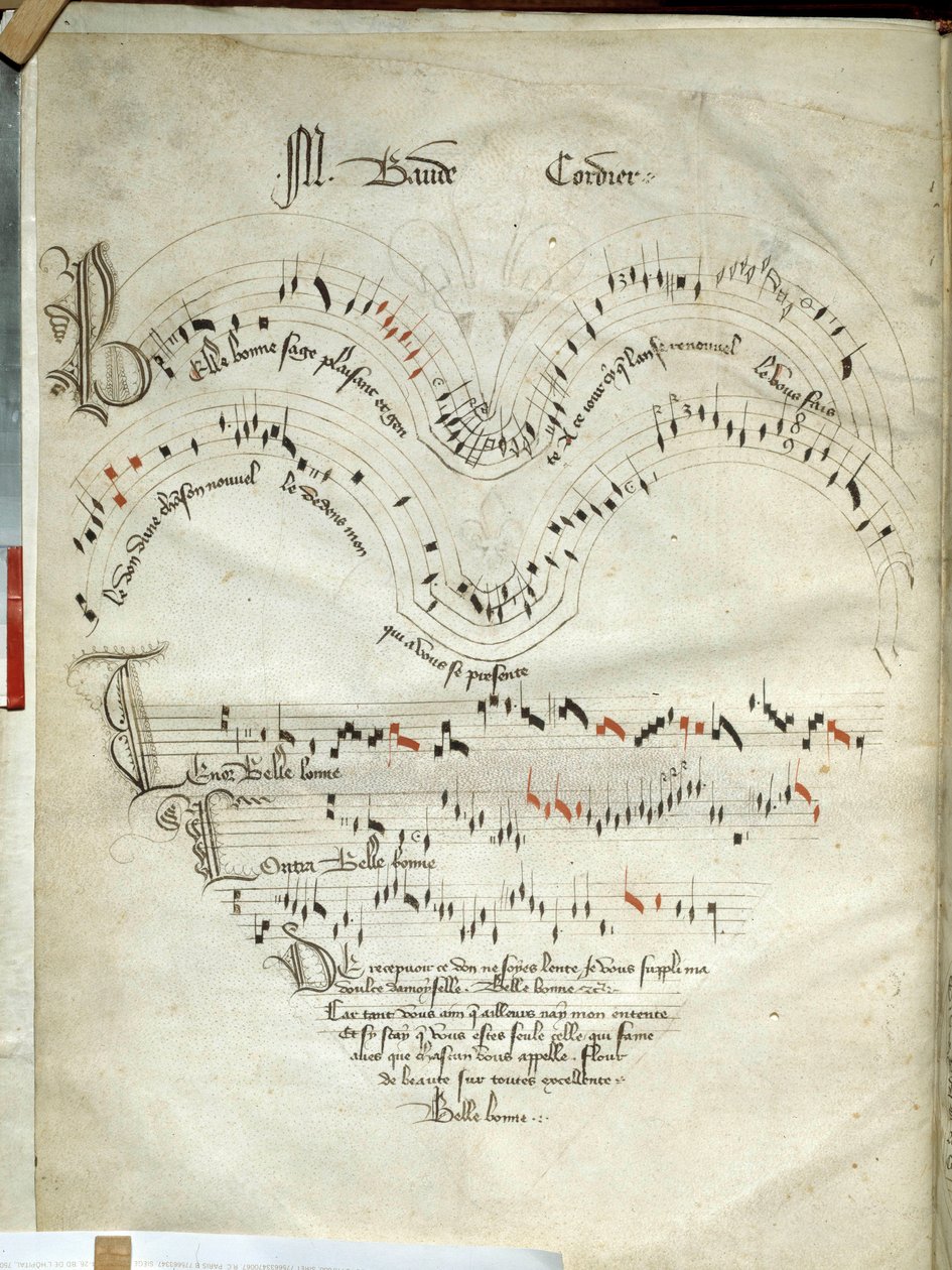 Samling av ballader, motetter och sånger Musikblad med svarta och blåröda toner av Baude Cordier (1380-1440), notblad från 1400-talets början. Chantilly, Conde Museum av French School