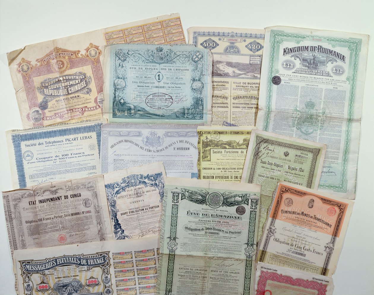Samling av obligationscertifikat, tidigt 1900-tal av French School