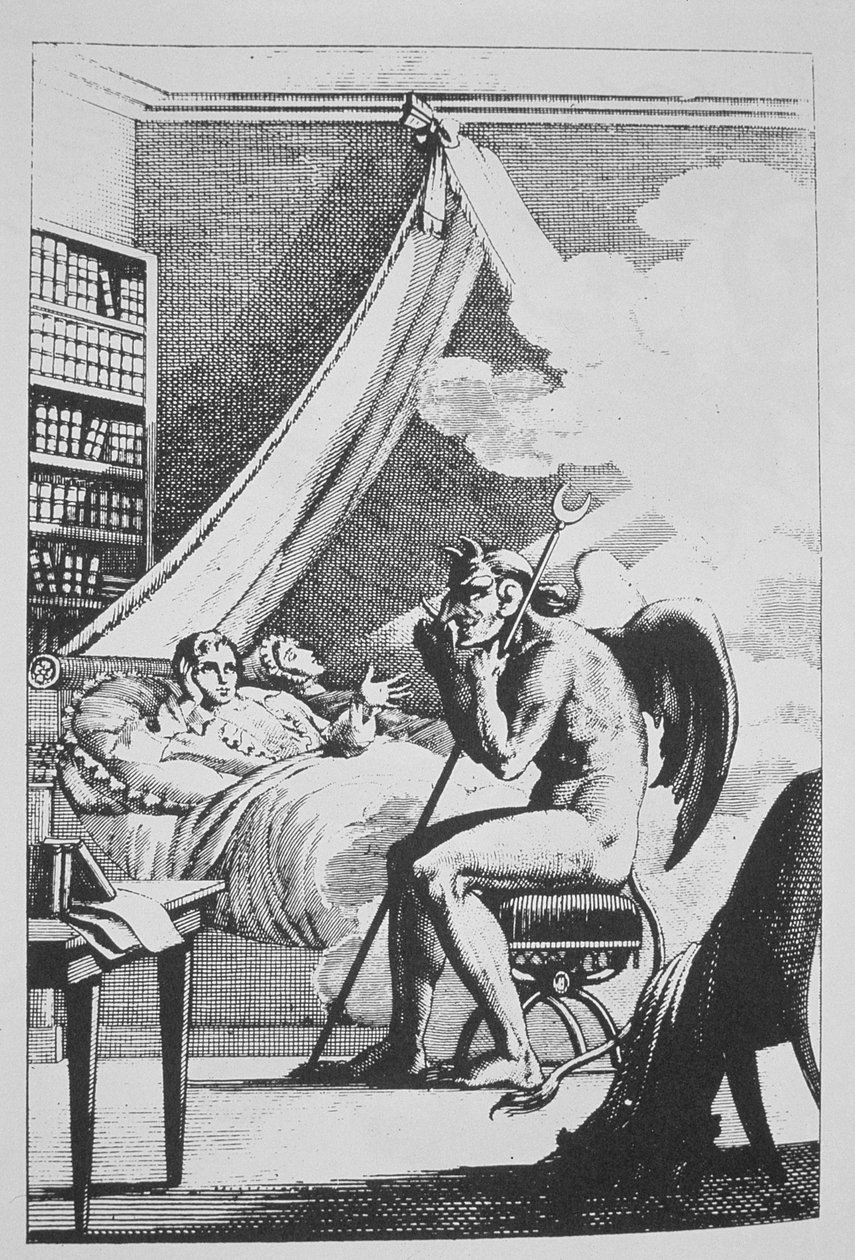 Collin de Plancy (1793-1887) samtalar med djävulen, från Le Diable Peint par Lui-meme (1825) illustrerad i en magisk historia publicerad i slutet av 1800-talet av French School